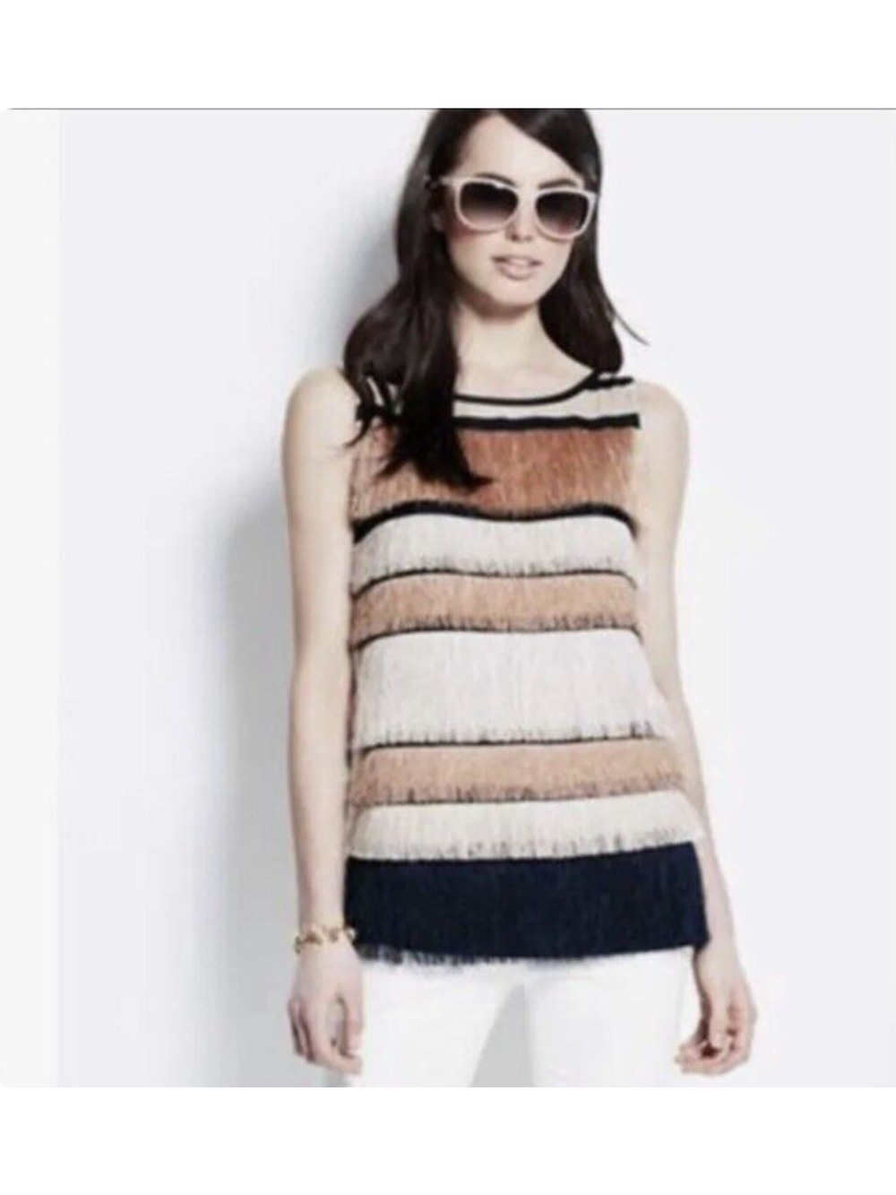 Ann Taylor Women's Fringe Striped Tiered Sleeveless Top Sz MP Flapper Retro Mod